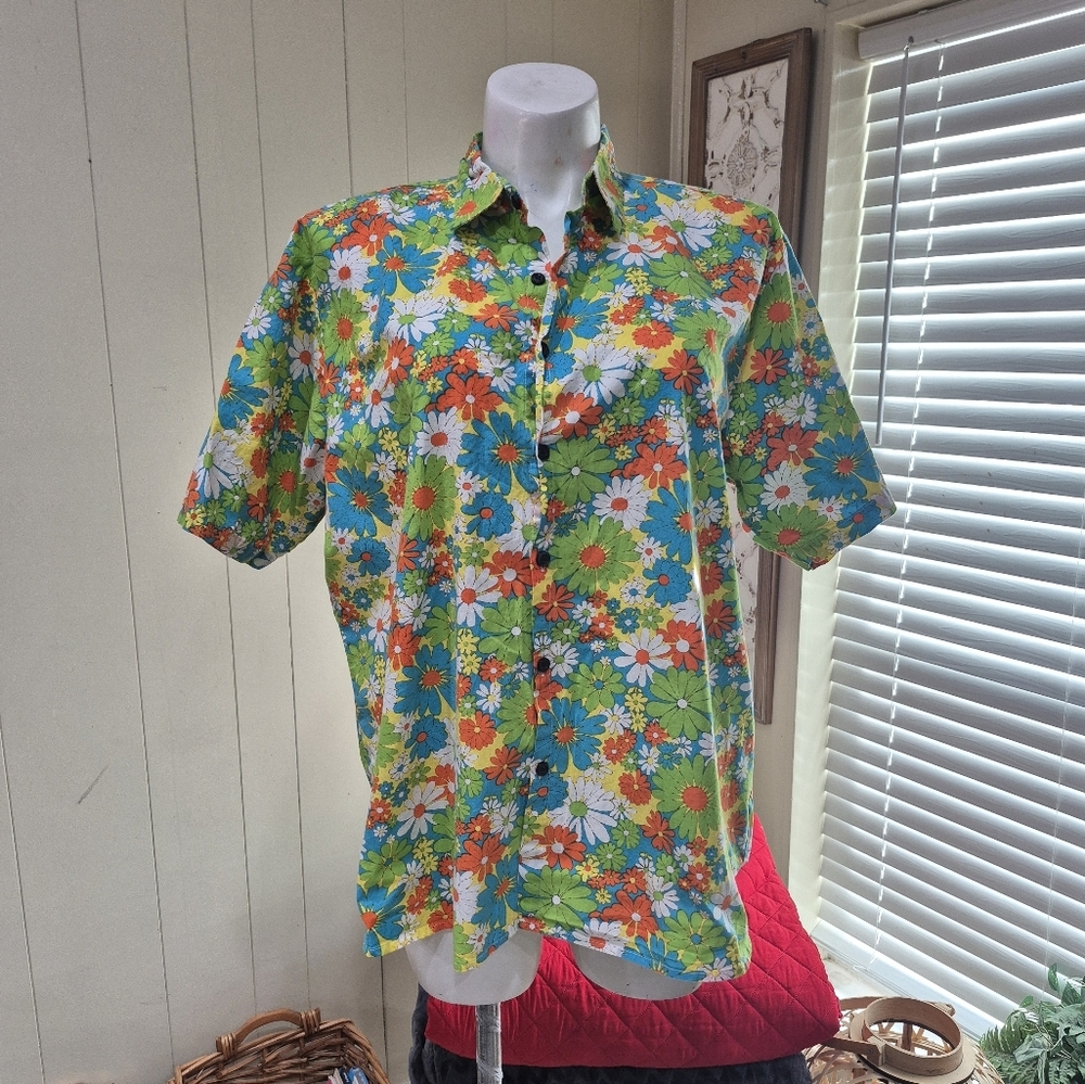 Floral Green and Orange Men's Shirt - Picture 3 of 10